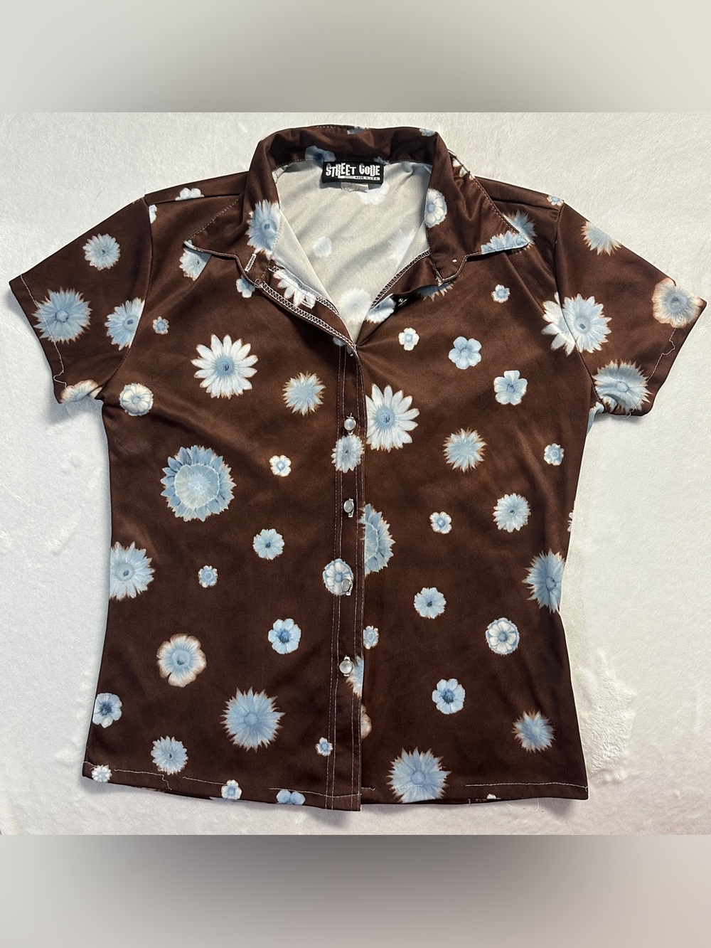 Y2K STREET CODE women's brown blue floral graphic button down shirt, M.